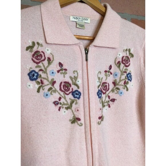 Vintage Allison Daley Petite Crewel Embroidered Floral Cardigan Zip-Up Front Lon - Picture 2 of 9